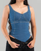 Body en denim tipo corsé con tirantes, escote corazón, tono azul medio | BODY010